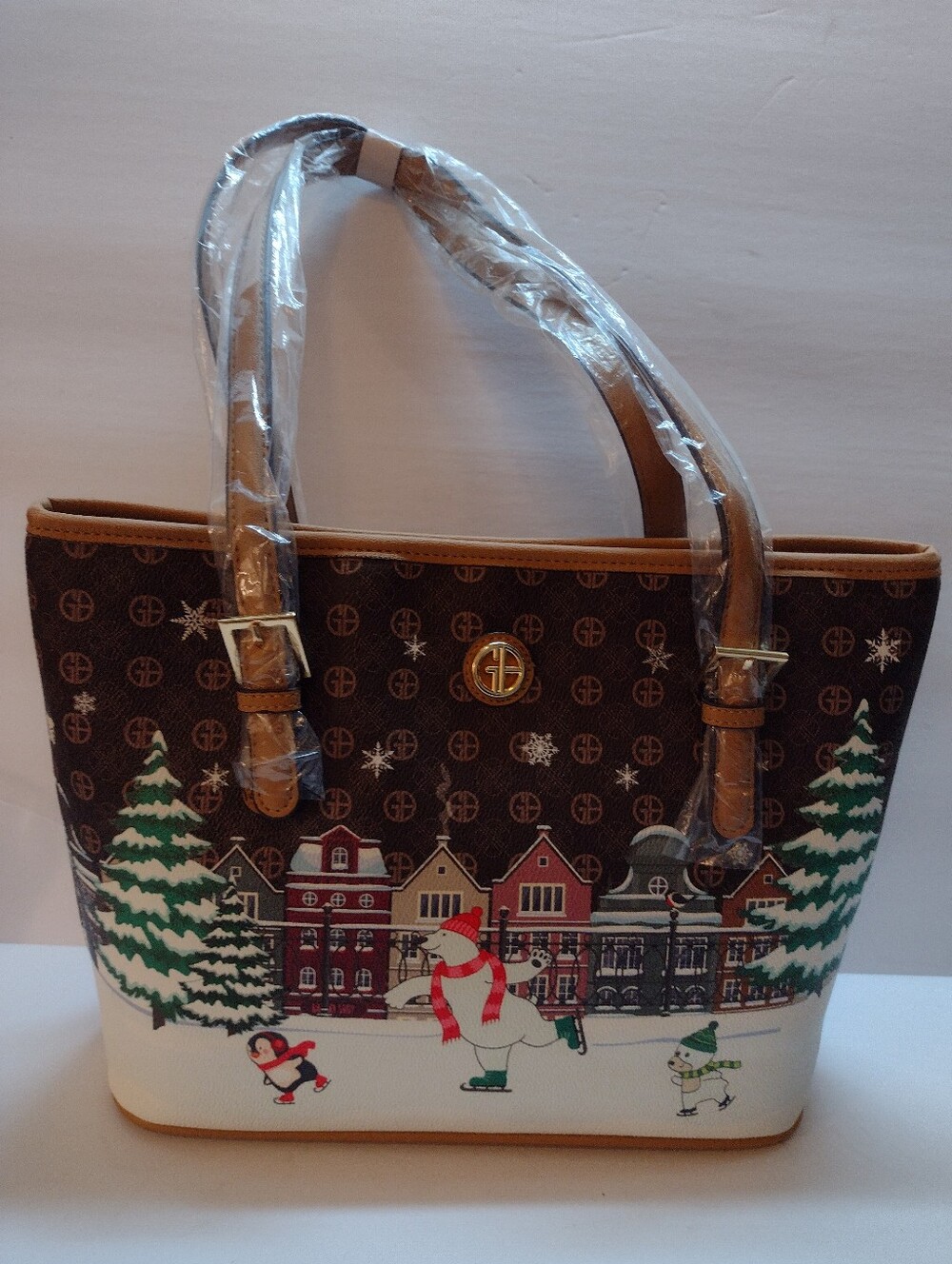 Giani Bernini Ice Skating Bears Faux Leather Shoulderbag Tote Holiday Scene NWT